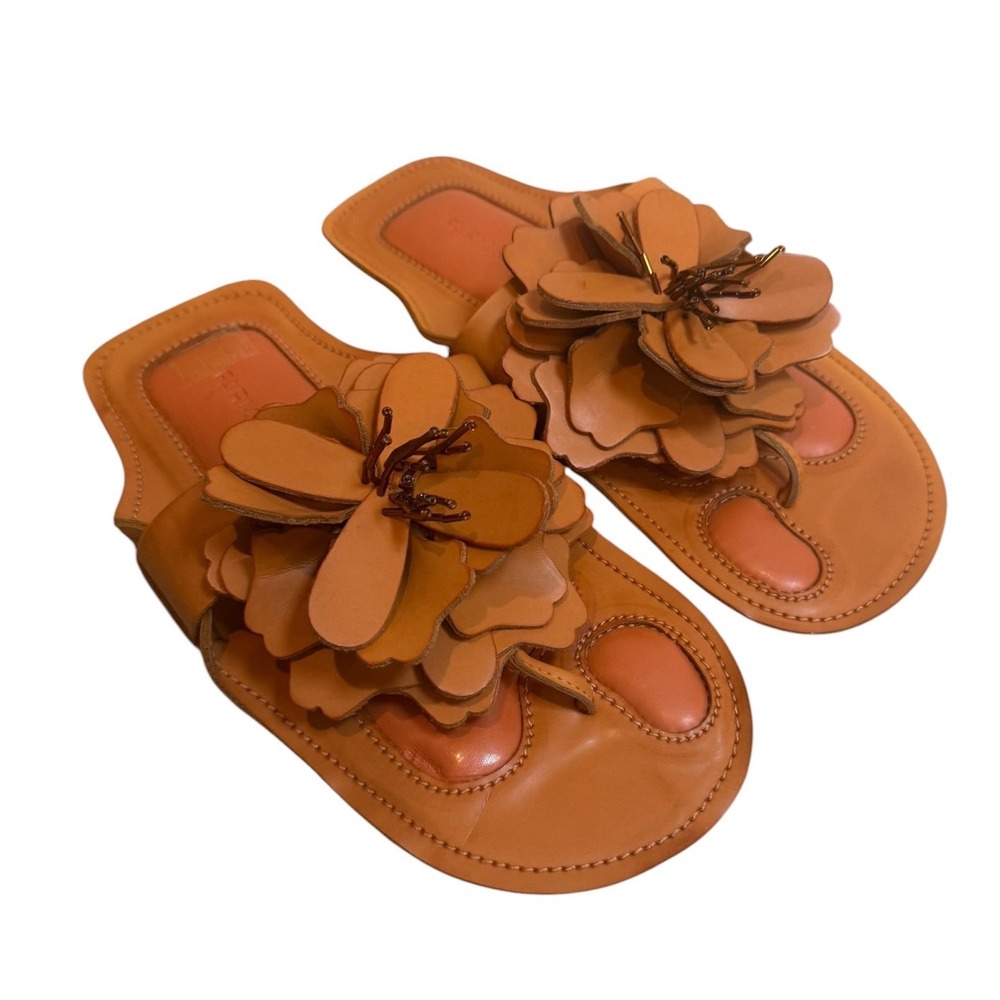 Farm Rio Women 8 Orange Leather 3D Flower Flat Slide Sandals Made in Brazil